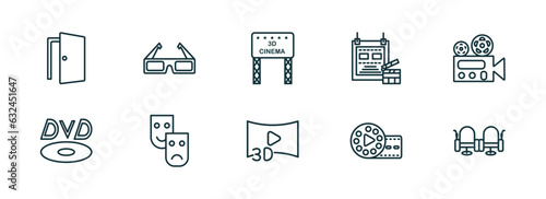 Fototapeta Naklejka Na Ścianę i Meble -  set of 10 linear icons from cinema concept. outline icons such as doorway, 3d glass, movie billboard, 3d video, film reel playing, cinema seats vector