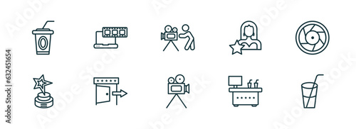 set of 10 linear icons from cinema concept. outline icons such as papper cup with straw, laptop with film strip, cameraman, movie camera, cinema snack bar, drink with straw vector