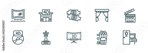 set of 10 linear icons from cinema concept. outline icons such as theatre screen, movie theater, theater ticket, 3 dimension screen, popcorn box, dressing room vector