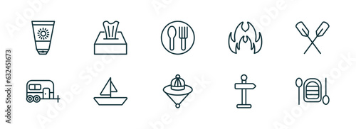 Fototapeta Naklejka Na Ścianę i Meble -  set of 10 linear icons from camping concept. outline icons such as sun lotion, tissue, canteen, explorer hat, direction, inflatable boat vector