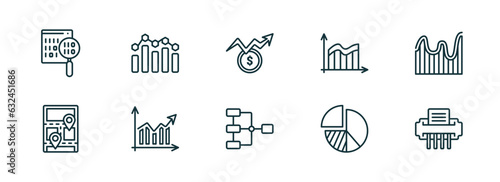 set of 10 linear icons from business and analytics concept. outline icons such as binary data search, bar stats, dollar analysis bars, data analytics flow, chart pie, shredder vector