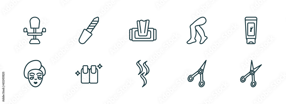 set of 10 linear icons from beauty concept. outline icons such as beauty salon chair, pedicure, wet wipes, aroma, manicure scissors, open hair scissors vector set of 10 linear icons from beauty concept. outline icons such as beauty salon chair, pedicure, wet wipes, aroma, manicure scissors, open hair scissors vector