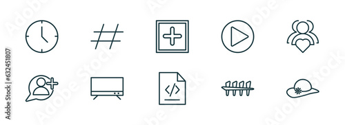 set of 10 linear icons from blogger and influencer concept. outline icons such as clock, hashtag, post, script, counting, fashion vector