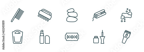 set of 10 linear icons from beauty concept. outline icons such as inclined comb, nail brush, three stones, big razor blade, eyeliner, hair clipper vector