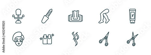 set of 10 linear icons from beauty concept. outline icons such as beauty salon chair, pedicure, wet wipes, aroma, manicure scissors, open hair scissors vector