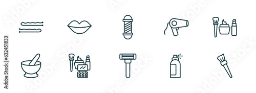 set of 10 linear icons from beauty concept. outline icons such as bobby pins, lips, barber shop, razor, hair spray, makeup brush vector