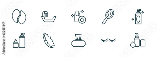set of 10 linear icons from beauty concept. outline icons such as eye patch, hair washer sink, nail polish removal, wipes, two eyelashes, concealer vector
