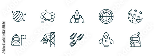 set of 10 linear icons from astronomy concept. outline icons such as uranus with satellite, planet, space lander, meteorites, space shuttle, astronaut user vector
