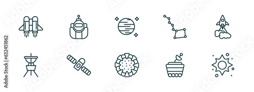 set of 10 linear icons from astronomy concept. outline icons such as jet pack, astronaut ingravity, neptune with satellite, stargate, moonwalker, supernova vector