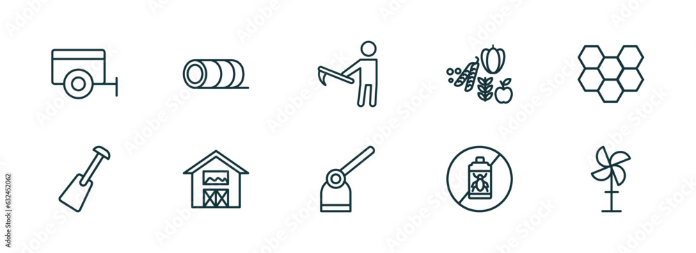 set of 10 linear icons from agriculture farming concept. outline icons such as trailer, bale of hay, farmer hoeing, hoe, pesticide, vane vector set of 10 linear icons from agriculture farming concept. outline icons such as trailer, bale of hay, farmer hoeing, hoe, pesticide, vane vector