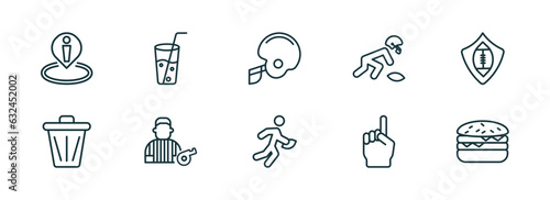 set of 10 linear icons from american football concept. outline icons such as position, soda glass with a straw, football helmet, running with the ball, foam finger, hamburger vector