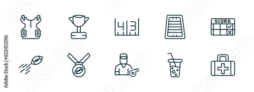 set of 10 linear icons from american football concept. outline icons such as padded shirt, trophy, yard marking, trainer, soda, first aid kit vector