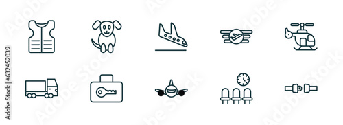 set of 10 linear icons from airport terminal concept. outline icons such as lifesaver best, sitting dog, plane landing, plane front view, waiting place, airplane security belt vector