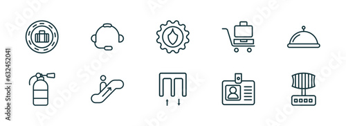 Fototapeta Naklejka Na Ścianę i Meble -  set of 10 linear icons from airport terminal concept. outline icons such as stamp for passports, airport headphones, security control, passenger passway, identification badge, airport radar vector