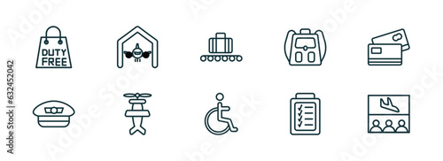 set of 10 linear icons from airport terminal concept. outline icons such as duty free bag, hangar, picking luggage, disable, control check, waiting for flight vector