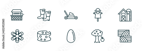 set of 10 linear icons from agriculture farming concept. outline icons such as well, farmer boots, mower, egg, monoculture, bale vector