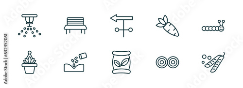 set of 10 linear icons from agriculture farming concept. outline icons such as sprinkler, garden bench, weather vane, seed bag, hay bale, legume vector