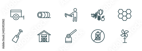 set of 10 linear icons from agriculture farming concept. outline icons such as trailer, bale of hay, farmer hoeing, hoe, pesticide, vane vector