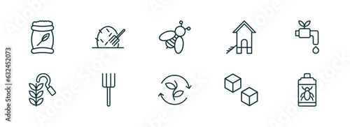 set of 10 linear icons from agriculture farming concept. outline icons such as fertilizer, hay, bees, crop rotation, sugar, insecticide vector