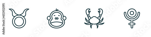 set of 4 linear icons from zodiac concept. outline icons included taurus, year, cancer, pluto vector