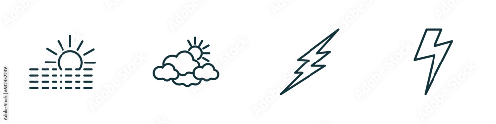 set of 4 linear icons from weather concept. outline icons included foggy day, overcast, thunderbolt, bolt vector set of 4 linear icons from weather concept. outline icons included foggy day, overcast, thunderbolt, bolt vector