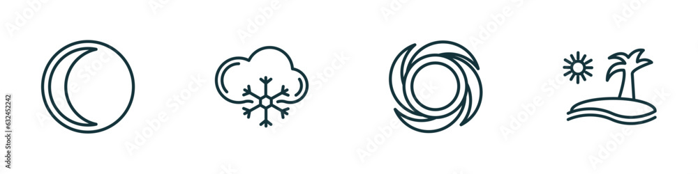 set of 4 linear icons from weather concept. outline icons included waning moon, snow cloud, hurricane, subtropical climate vector