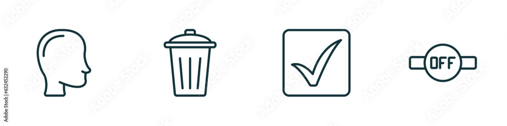 set of 4 linear icons from user interface concept. outline icons included head, eliminar, check square, desactivate vector set of 4 linear icons from user interface concept. outline icons included head, eliminar, check square, desactivate vector