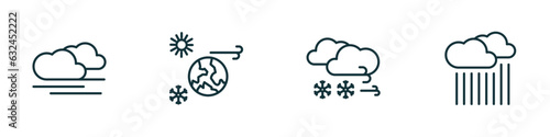 set of 4 linear icons from weather concept. outline icons included blanket of fog, climate, blizzard, downpour vector