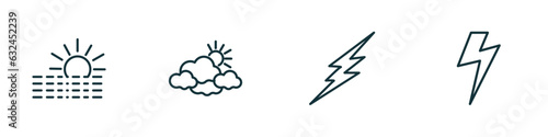 set of 4 linear icons from weather concept. outline icons included foggy day, overcast, thunderbolt, bolt vector