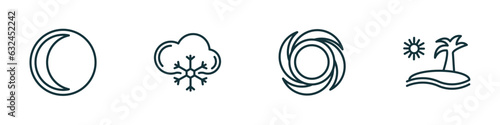 set of 4 linear icons from weather concept. outline icons included waning moon, snow cloud, hurricane, subtropical climate vector