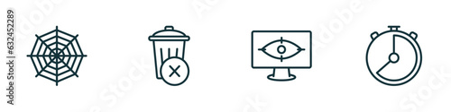 set of 4 linear icons from user interface concept. outline icons included spider web, remove, vigilance, hour vector