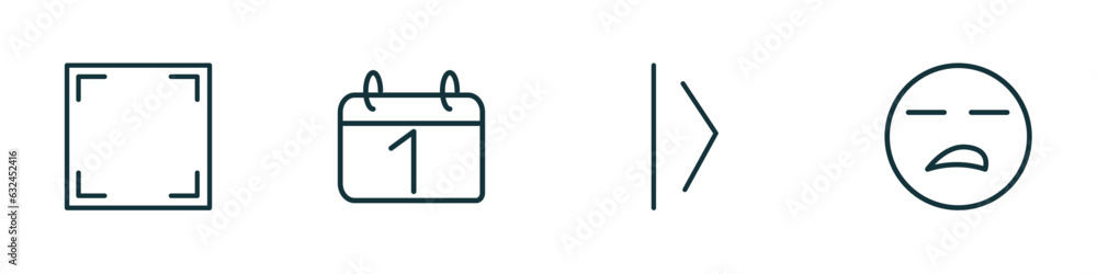 set of 4 linear icons from user interface concept. outline icons included screen in white, first date, slide right, boring vector set of 4 linear icons from user interface concept. outline icons included screen in white, first date, slide right, boring vector