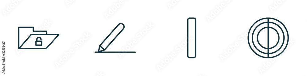 set of 4 linear icons from user interface concept. outline icons included unlock folder, pen writing a line, vertical bar, hue circle vector set of 4 linear icons from user interface concept. outline icons included unlock folder, pen writing a line, vertical bar, hue circle vector