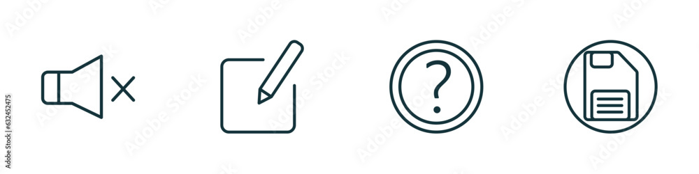 set of 4 linear icons from user interface concept. outline icons included sound off, edit button, round help button, floppy disk save button vector set of 4 linear icons from user interface concept. outline icons included sound off, edit button, round help button, floppy disk save button vector