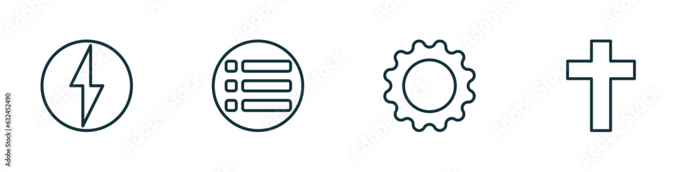 set of 4 linear icons from user interface concept. outline icons included lightning flash, list button, tings cog, cross vector set of 4 linear icons from user interface concept. outline icons included lightning flash, list button, tings cog, cross vector