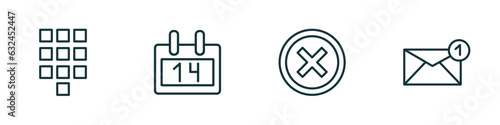 set of 4 linear icons from user interface concept. outline icons included telephone keypad, daily calendar day 14, round delete button, new email envelope vector