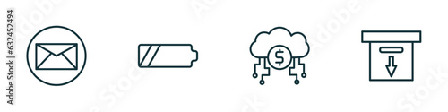 set of 4 linear icons from user interface concept. outline icons included email envelope button, battery medium charge, digital currency, download archive vector