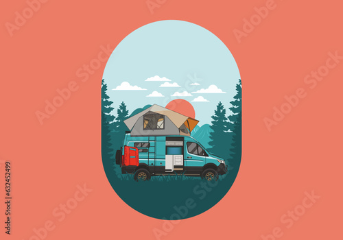 Large van with roof tent illustration design