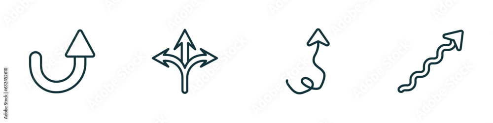 set of 4 linear icons from user interface concept. outline icons included semicircular up arrow, three arrows, up arrow with scribble, undulating arrow vector set of 4 linear icons from user interface concept. outline icons included semicircular up arrow, three arrows, up arrow with scribble, undulating arrow vector