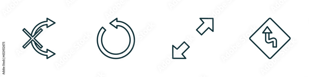 set of 4 linear icons from user interface concept. outline icons included no tittling, restart, scale arrows, left reverse curve vector set of 4 linear icons from user interface concept. outline icons included no tittling, restart, scale arrows, left reverse curve vector