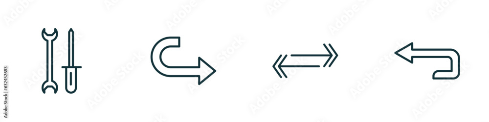 set of 4 linear icons from user interface concept. outline icons included mechanic tool, curve right arrow, double arrows, return left arrow vector set of 4 linear icons from user interface concept. outline icons included mechanic tool, curve right arrow, double arrows, return left arrow vector