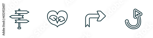 set of 4 linear icons from user interface concept. outline icons included road, ecologic heart, right arrow with turn, turn up arrow vector