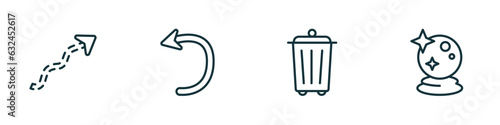 set of 4 linear icons from user interface concept. outline icons included scribble broken line, spinning left arrow, recycling container, psychic vector