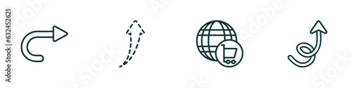 set of 4 linear icons from user interface collection. concept. outline icons included right curve, up broken line arrow, cart interface, swirly arrow vector