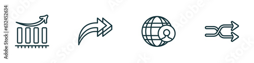set of 4 linear icons from user interface concept. outline icons included increasing, 3d turn right arrow, user interface, crossover vector