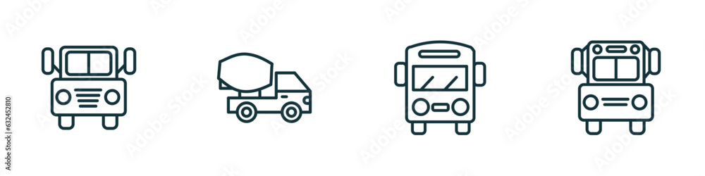 set of 4 linear icons from transport concept. outline icons included prison bus, cement truck, bus, school van vector set of 4 linear icons from transport concept. outline icons included prison bus, cement truck, bus, school van vector