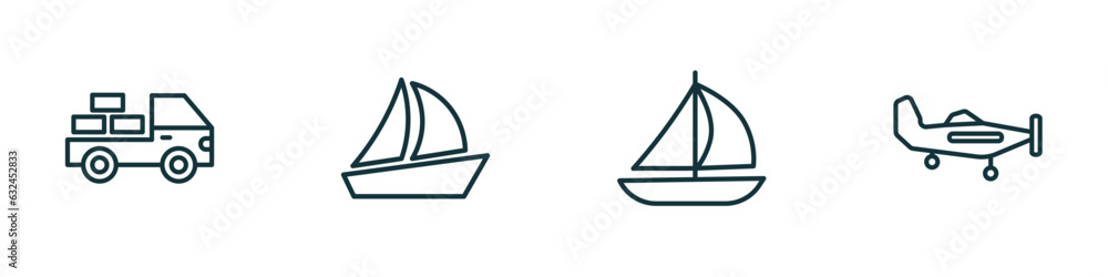 set of 4 linear icons from transport concept. outline icons included loaded truck side view, sailing boat, sailing, light aircraft vector set of 4 linear icons from transport concept. outline icons included loaded truck side view, sailing boat, sailing, light aircraft vector