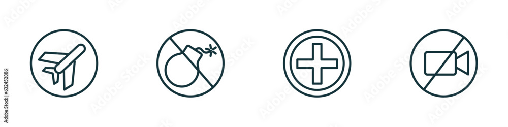set of 4 linear icons from traffic signs concept. outline icons included airport, no bombs, hospital, no video vector