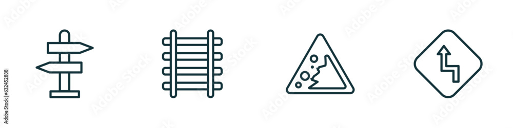 set of 4 linear icons from traffic signs concept. outline icons included road, railway, falling rocks, curves vector set of 4 linear icons from traffic signs concept. outline icons included road, railway, falling rocks, curves vector