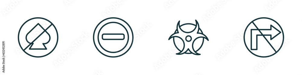 set of 4 linear icons from traffic signs concept. outline icons included no gambling, prohibited way, biological hazard, no turn vector set of 4 linear icons from traffic signs concept. outline icons included no gambling, prohibited way, biological hazard, no turn vector